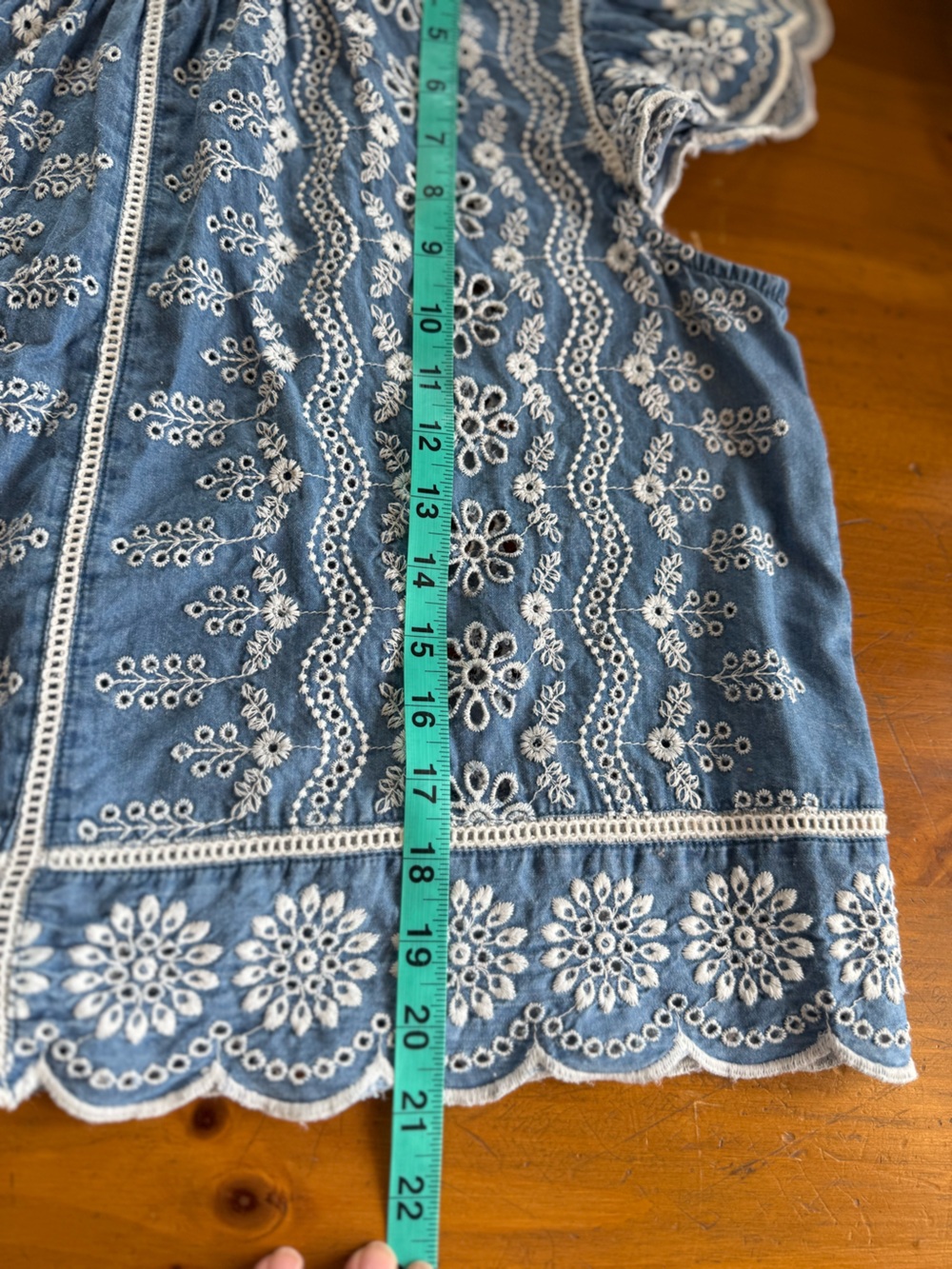 Jennifer & Grace Blue & White Chambray Eyelet Embroidered Puff Sleeve Blouse Lg - Picture 6 of 6